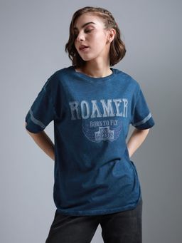 High Star - Typography Printed Round Neck Short Sleeves Cotton Oversized T-shirt
