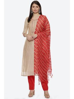 Biba - Beige Chanderi Unstitched Suit (Set of 3)