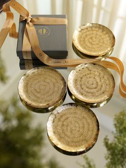 Pure Home + Living - Set of 4 Gold Metal Dot Hammered Round Coasters
