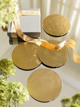 Pure Home + Living - Set of 4 Gold Metal Hammered Round Coasters