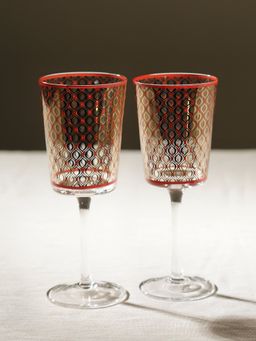 Pure Home + Living - Set of 2 Red and Gold Geometric Print Wine Glasses