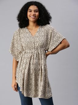 SHOWOFF - Women Beige Animal Print V-Neck Dress