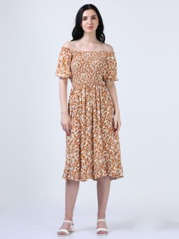 Hassu's - Women Mustard Puff Sleeve Floral Print Dress