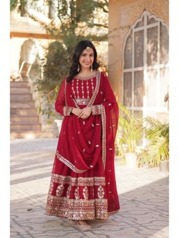 JATRIQQ - Maroon Faux Blooming with Embroidery Zari Sequins-Work Gown with Dupatta (Set of 2)