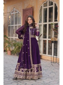 JATRIQQ - Purple Faux Blooming with Embroidery Zari Sequins-Work Gown with Dupatta (Set of 2)
