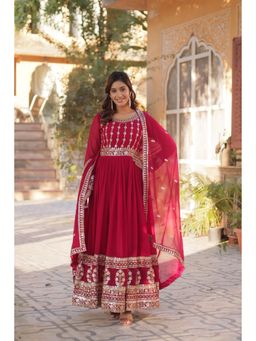 JATRIQQ - Rani Pink Faux Blooming with Embroidery Zari Sequins-Work Gown with Dupatta (Set of 2)