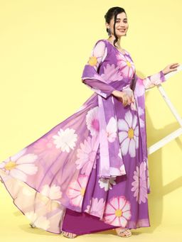 KVS FAB - Lavender Organza Floral Printed A-Line Gown with Dupatta (Set of 2)