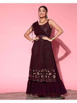KVS FAB - Wine Georgette Sequence Embroidered A-Line Draped Gown