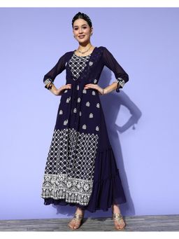 KVS FAB - Blue Georgette Checks Sequence Embroidered A-Line Gown