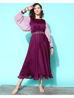 KVS FAB - Wine Satin Solid Embroidered Mirror Work Belted A-Line Gown (Set of 2)