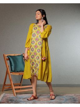 Sukruti Design - Taskeen Daffodil Yellow with Side Tassels Midi Dress
