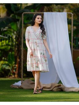 Sukruti Design - Dove White with Cherry Blossom Print Knee Length Dress