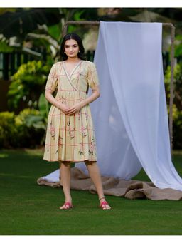 Sukruti Design - Lemon Yellow with Cherry Blossom Print Knee Length Dress