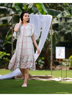 Sukruti Design - Dove White with Cherry Blossom Knee Length Dress with Shrug (Set of 2)