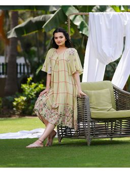 Sukruti Design - Lemon Yellow with Cherry Blossom Knee Length Dress with Shrug (Set of 2)