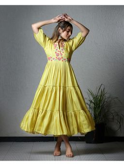 Sukruti Design - Lemon Yellow Tired Midi Dress