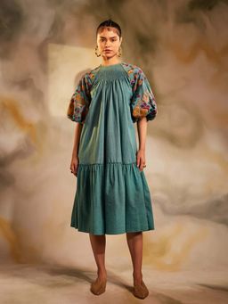 CHANDRIMA - Aqua Smocked Gather Dress