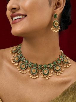 Teejh - Selene Gold Pearl Red Necklace Set