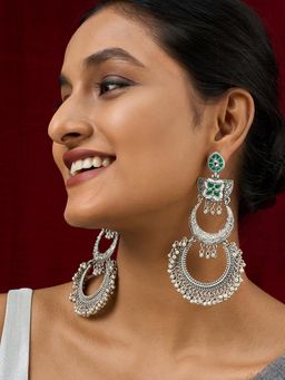 Teejh - Aarzaa Silver Ghungroo Green Stone Chandbali