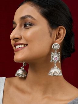 Teejh - Rupal Silver Oxidised Red Stone and Ghungroo Jhumka