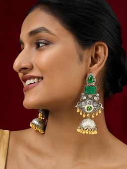 Teejh - Yaga Dual Tone Green Stones Ghungroo Jhumkas