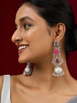 Teejh - Shanka Silver and Red Stones Jhumkas