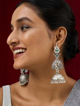 Teejh - Dvi Silver and Green Ghungroo Jhumkas