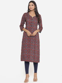 Do Dhaage - Floral Printed Straight Rayon Kurta With Buttons Maroon