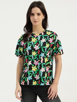 United Colors of Benetton - Black Round Neck Floral Print T-Shirt