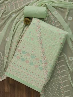 Koskii - Pista Green Threadwork Georgette Unstitched Salwar Suit (Set of Three)