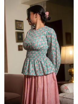 ODHANON - Teal Cotton Smocked Top for Women