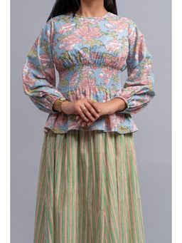 ODHANON - Blue Floral Cotton Smocked Top for Women