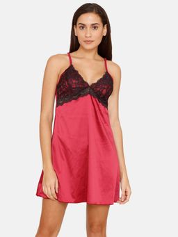 Zivame - Satin Baby Doll With Thongs - Beet Red