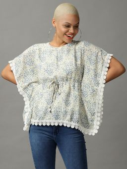 SHOWOFFFF - Womens Half Sleeves Round Neck Cream Printed Top
