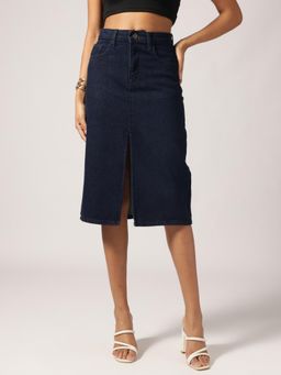 Belliskey - Women Dark Blue Denim Knee-Length Skirt