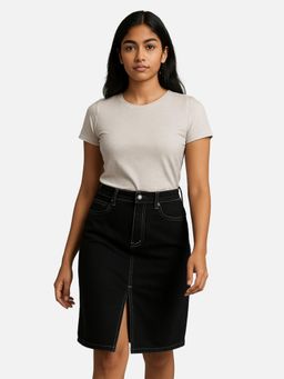 Belliskey - Women Black Denim Knee-Length Skirt