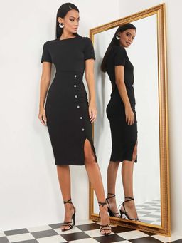 Styli - Black Short Sleeves Front Button Detail Bodycon Midi Dress