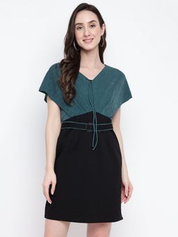 Latin Quarters - Green Cape Sleeves Solid Polyester Dress