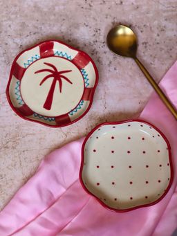 WEAVING HOMES - Palm & Red Polka Handmade Dessert Plate (Set of 2)