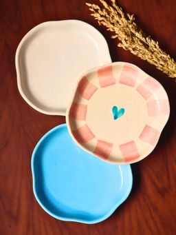 WEAVING HOMES - Ocean Blue, Striped Heart & White Handmade Dessert Plate (Set of 3)