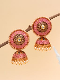 Karatcart - Gold Plated Antique Floral Design Pink Jhumki Earrings for Women