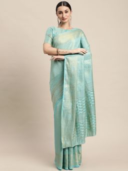 VAIRAGEE - Turquoise Pure Silk Kanjeevaram Saree with Unstitched Blouse