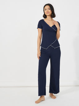 Styli - Women Navy Blue Mono Contrast Edge Rib Wrap Over Top With Pyjama
