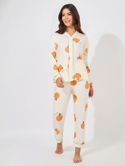 Styli - Women Cream Print Long Sleeve Shirt With Pyjama