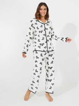 Styli Elevate - Women Bowknot Print Long Sleeve Shirt With Pyjama