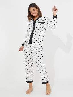 Styli - Women Heart Print Button Detail Shirt With Pyjama