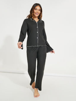 Styli - Women Contrast Binding Lettuce Trim Shirt With Pyjama