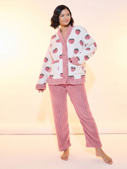 Styli - Women Strawberry Print Teddy Cardigan With Pyjama