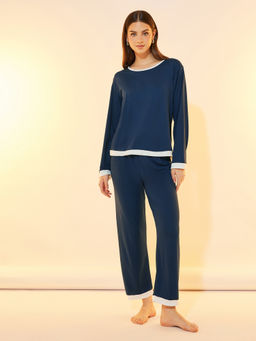 Styli - Women Solid Long Sleeve Knitted T-Shirt And Pyjama