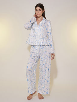 Styli - Women All Over Printed Ruffle Hem Shirt And Straight Pyjama Pants